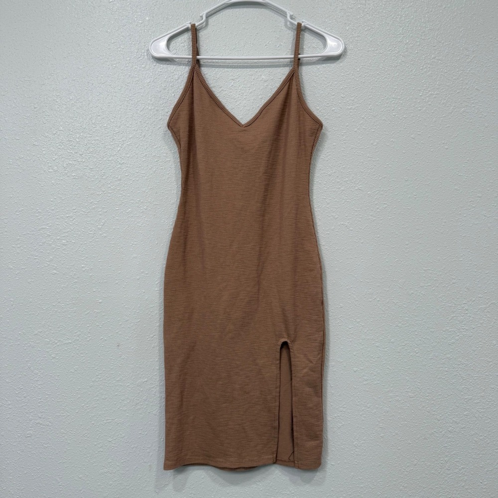 Heart Hips Tan Ribbed Knit Bodycon Midi Dress V-Neck Slit Brown Small